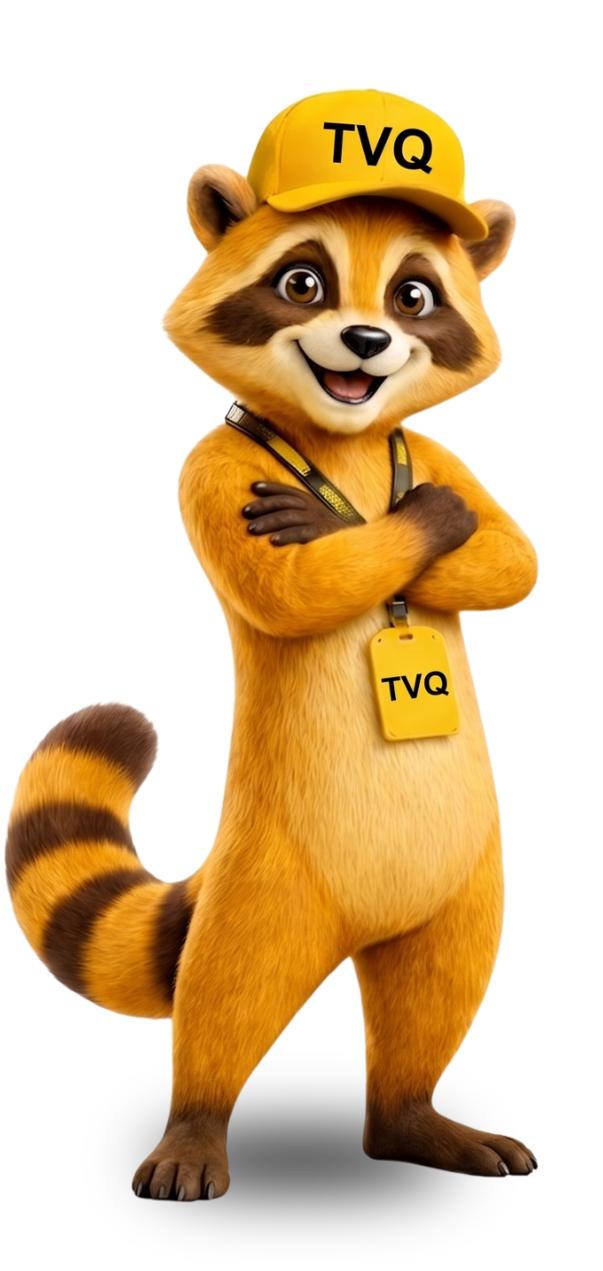 Mascote TV QUATI — personagem com boné e credencial TVQ